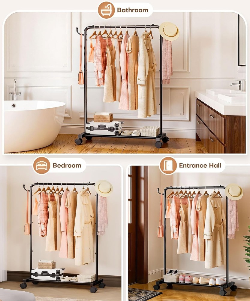 Adjustable Rolling Clothes Rack with Hooks - Heavy Duty Indoor Storage