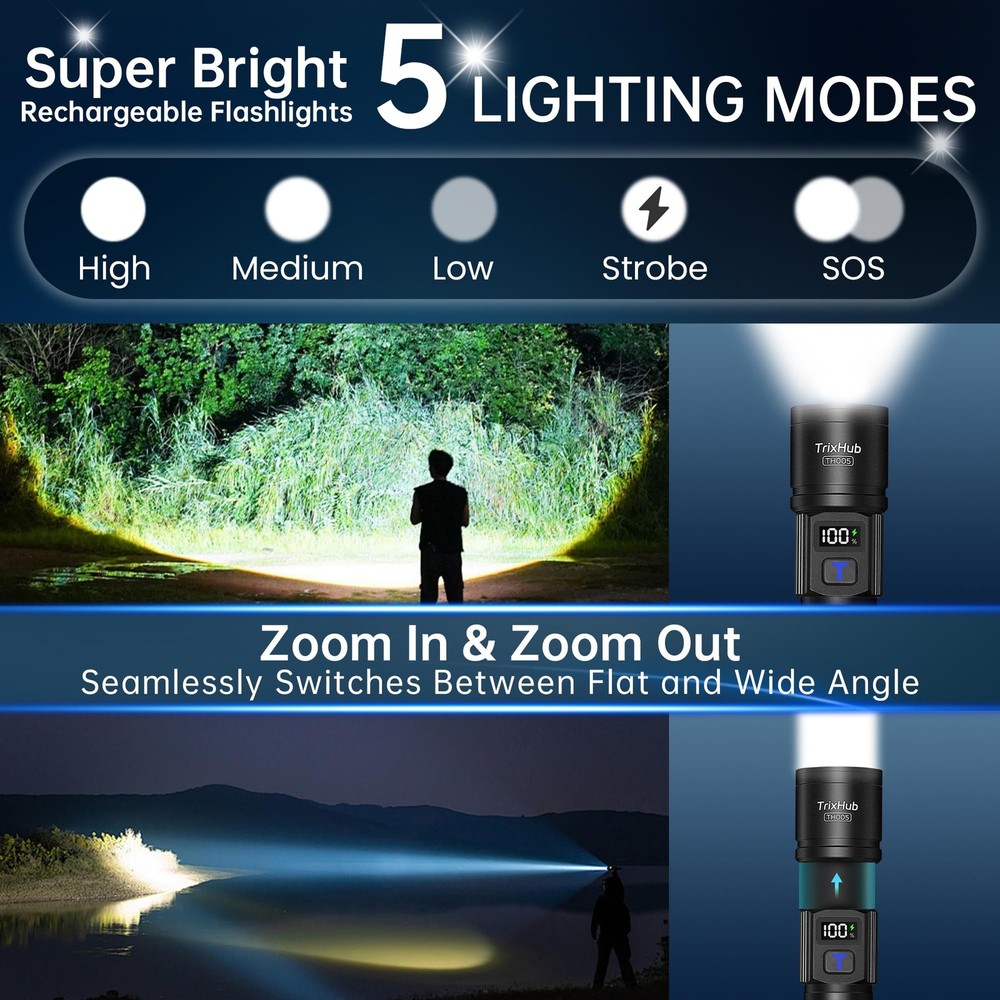 TrixHub Rechargeable Flashlights 2 Pack, Super Bright High 2Pack, Black