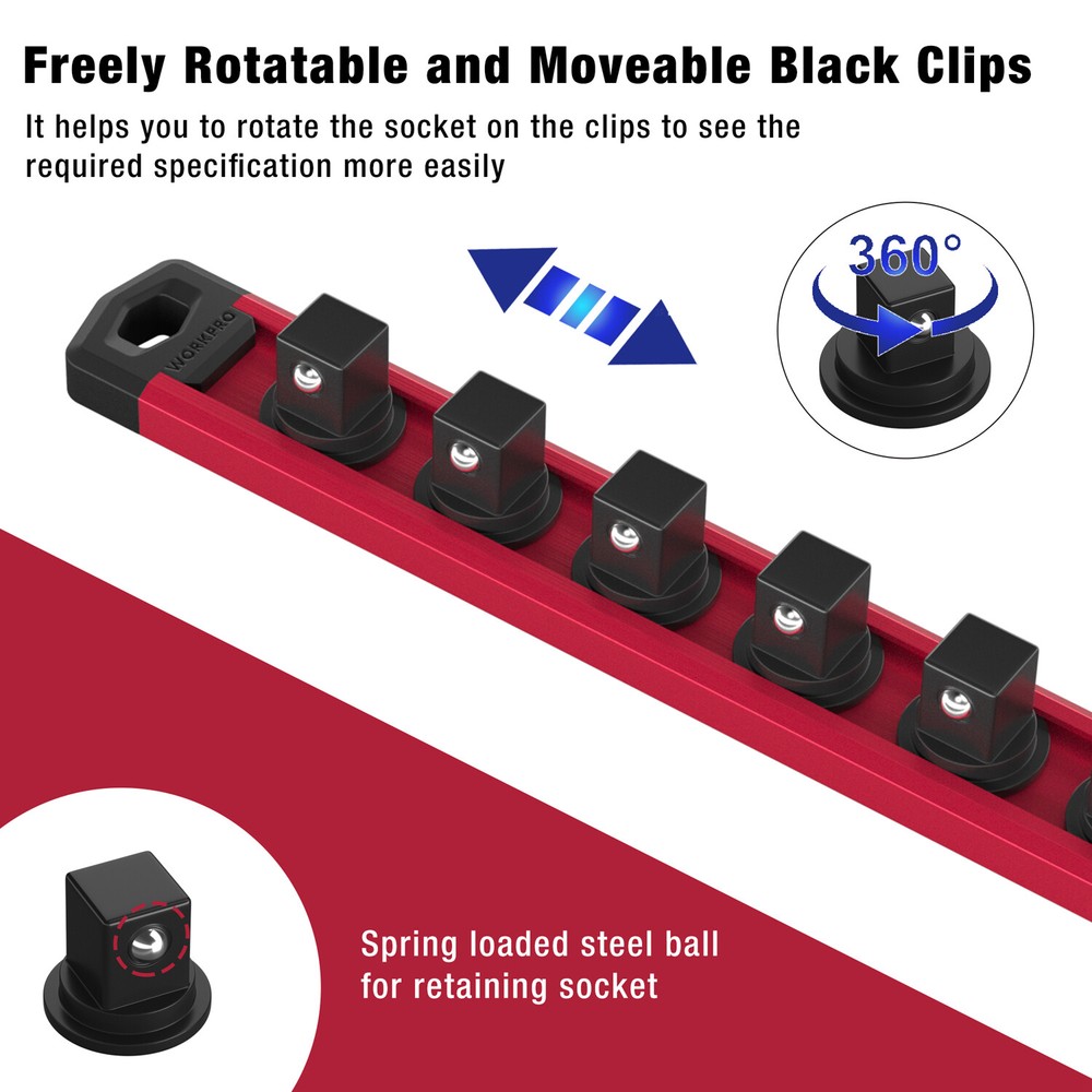 WORKPRO 3/8 Drive Magnetic Socket Organizer Socket Rail Heavy Duty Socket Holder