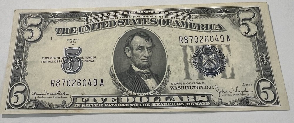 1934-D $ 5 Dollar Silver Certificate blue Seal Circulated Note.