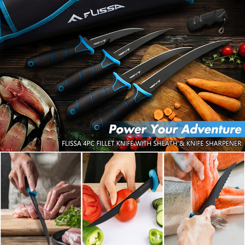 FLISSA 4-Piece Fillet Knife Set Boning Knife & Bait Knives with Sharpener New