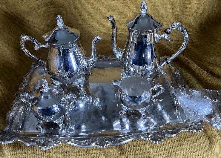 Coffee & Tea Set w/ Tray 5 Pc Elegance in Silver Silver-Plated Princess