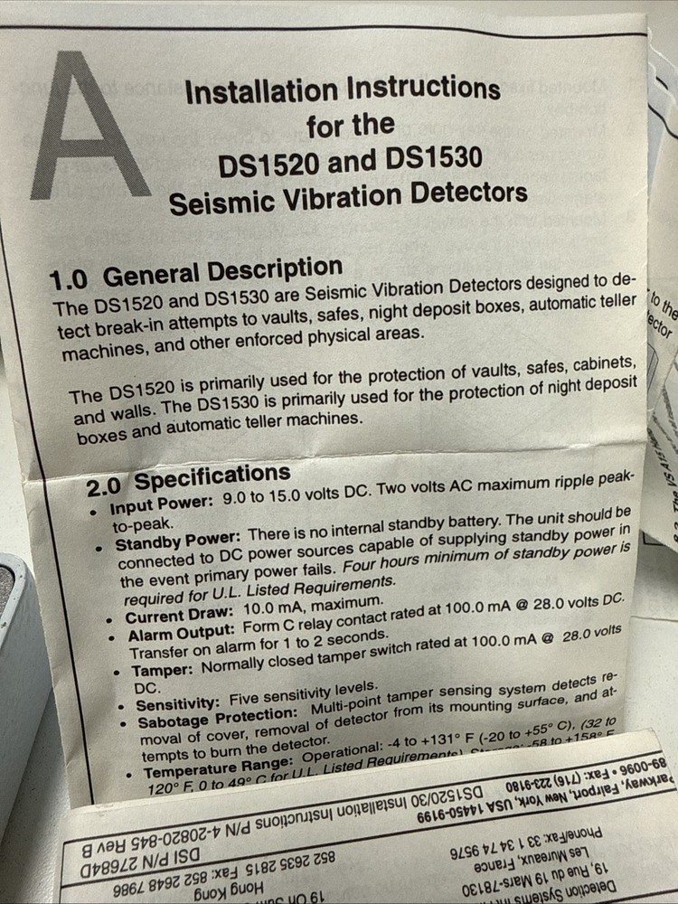 Detection Systems DS 1520 Vault Vibration Detector / Sensor for ATM/Vault/Safe