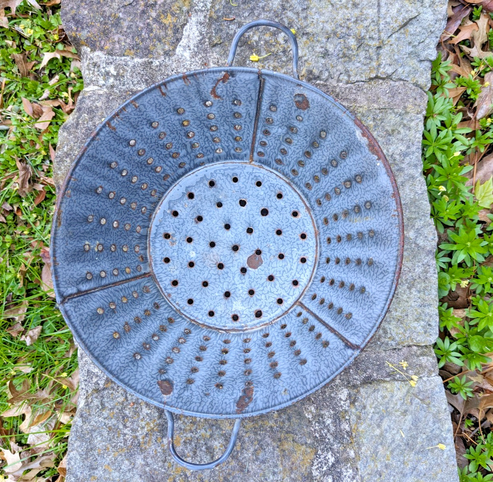 Antique Graniteware Colander Enamelware Strainer Rustic Primitive Farmhouse