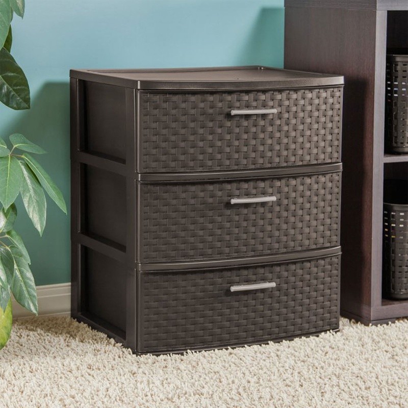 3 Drawer Storage Tower Plastic Weave Organizer W/ Pull Handles Home Use