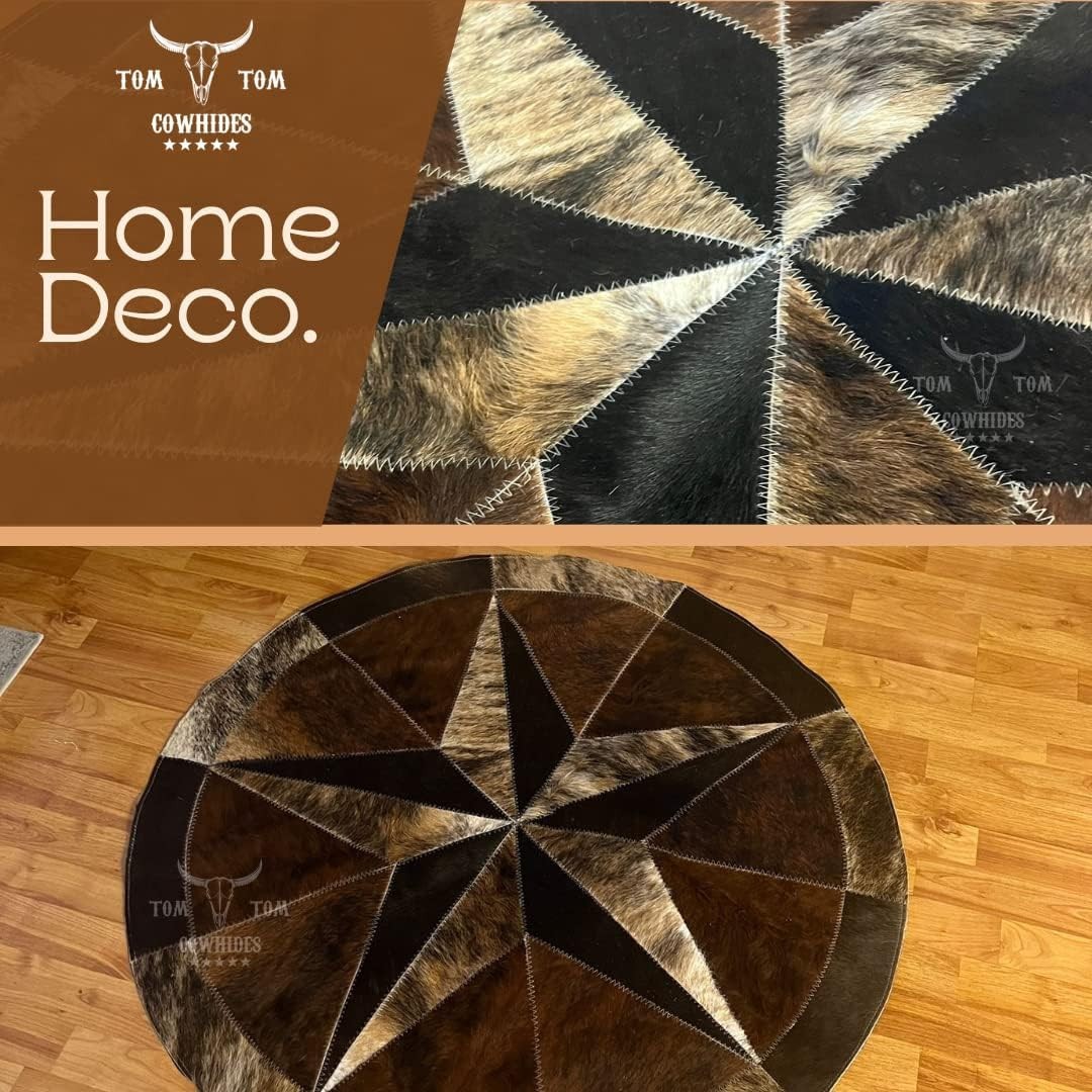 Cowhides Rug Leather Star Cow Hide Patchwork Area Round Carpet 40, Brown