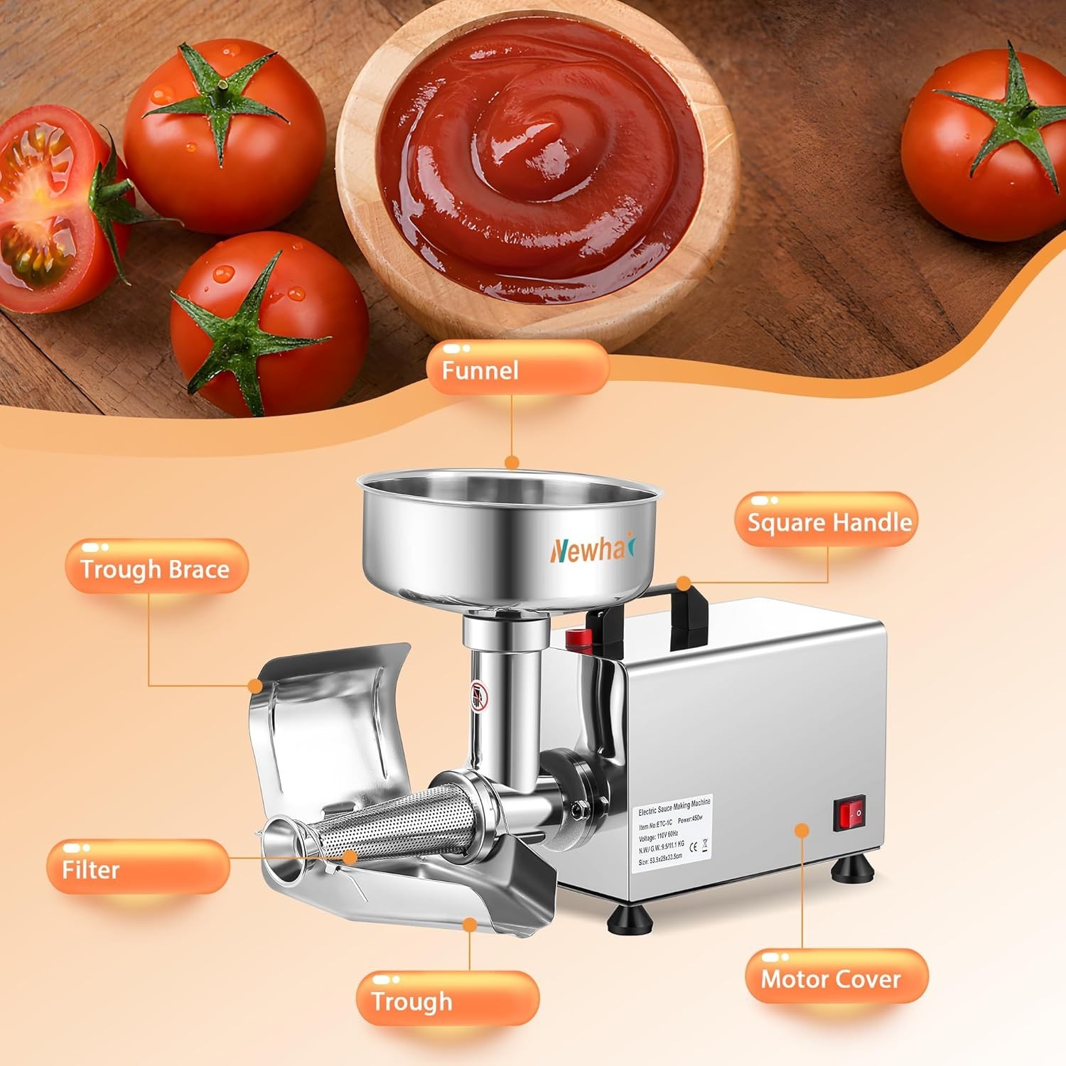 Newhai 450W Electric Tomato Strainer Commercial Sauce Maker Stainless Steel