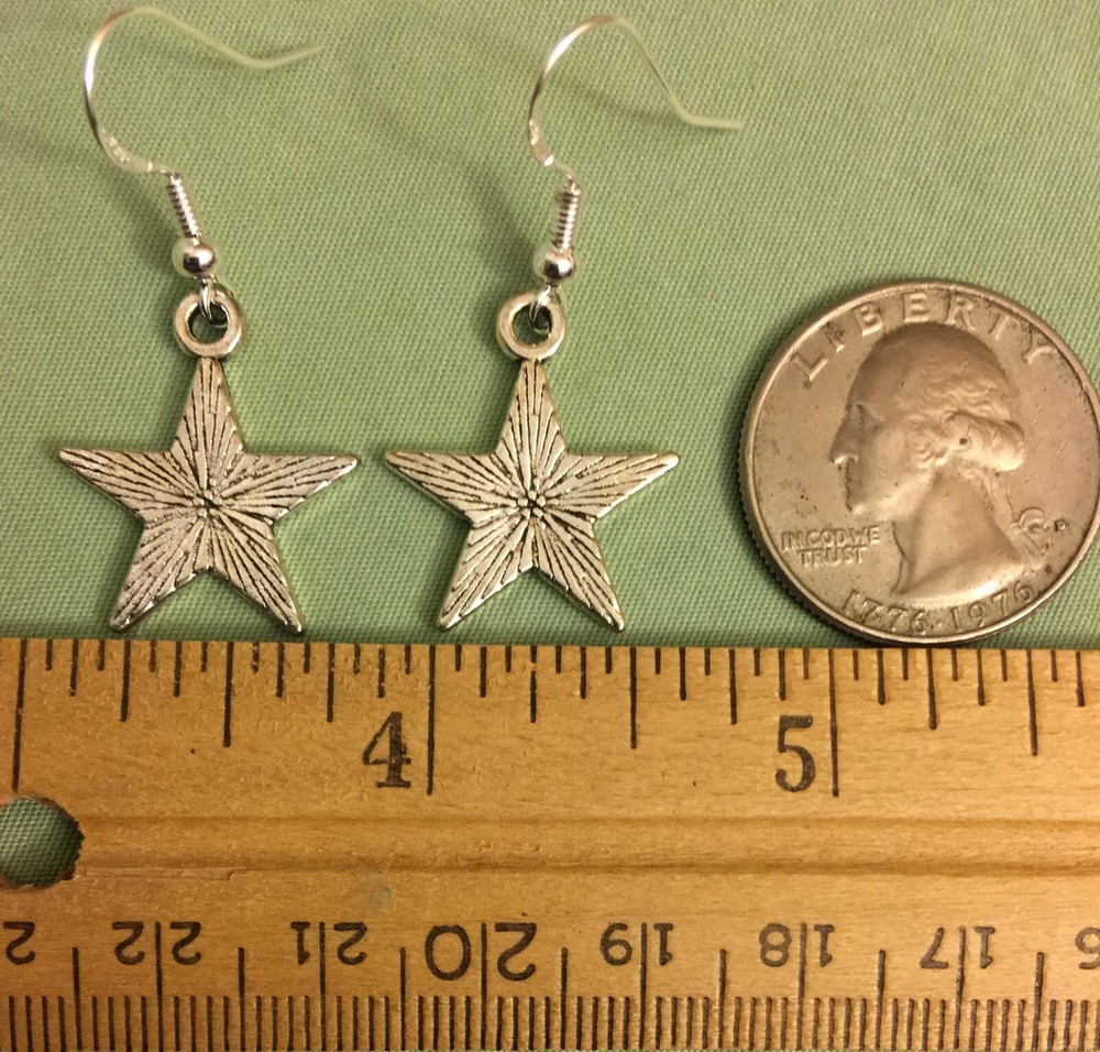 SOLID STAR with RAYS EARRINGS - Pewter with Sterling Silver Ear Wires