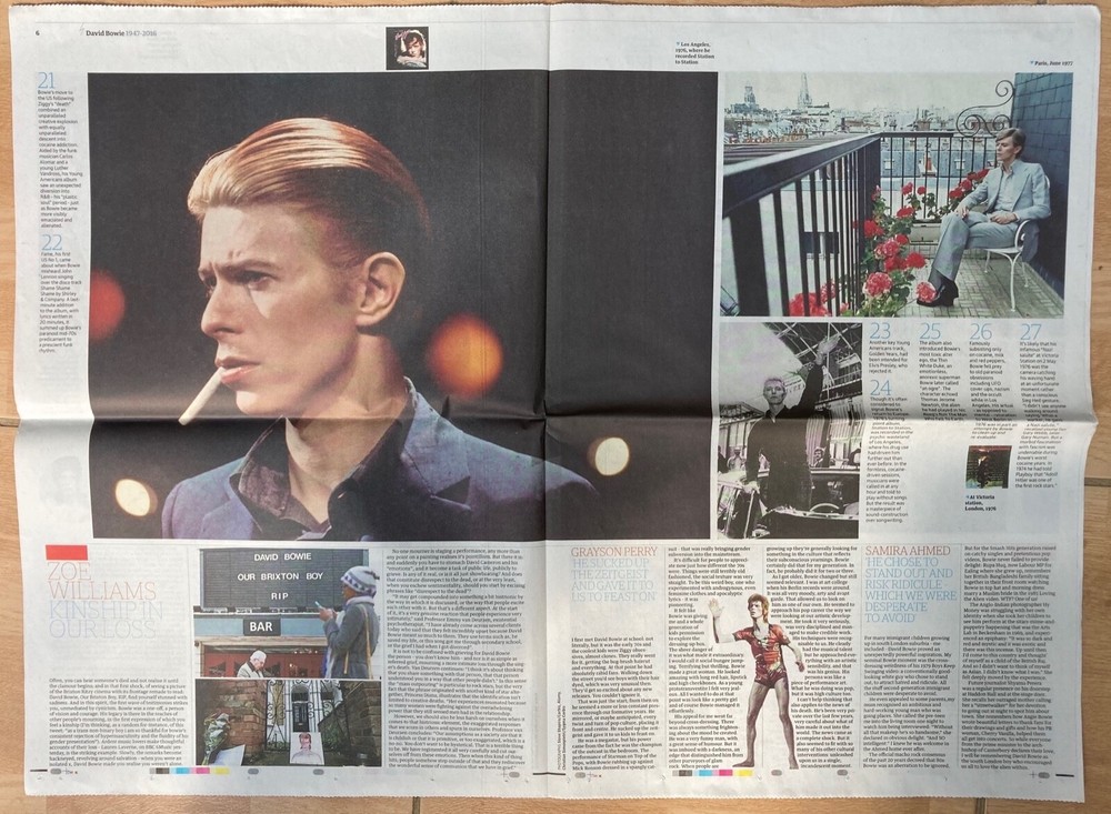 DAVID BOWIE, GUARDIAN 12 January 2016, tributes full issue, both sections