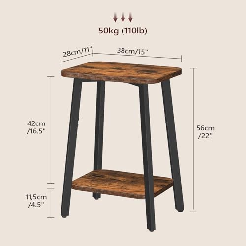 Side Table, Small Rectangular End Table with Storage Shelf, 2-Tier Rustic Brown