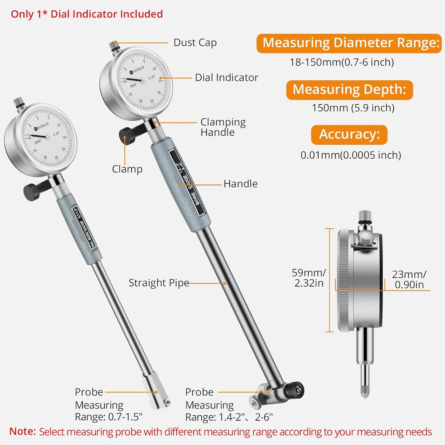 Neoteck 0.7-6" Dial Bore Gauge Indicator Engine Measuring Cylinder Tool 0.0005"