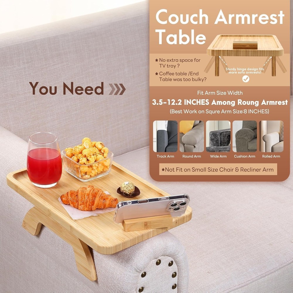 Space-Saving Bamboo Sofa Clip-On Tray with Non-Slip Design for Easier Living
