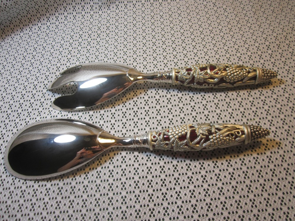 Neiman Marcus Silver Plate 2 Piece Ruby Red Handle Godinger Serving Spoon Fork