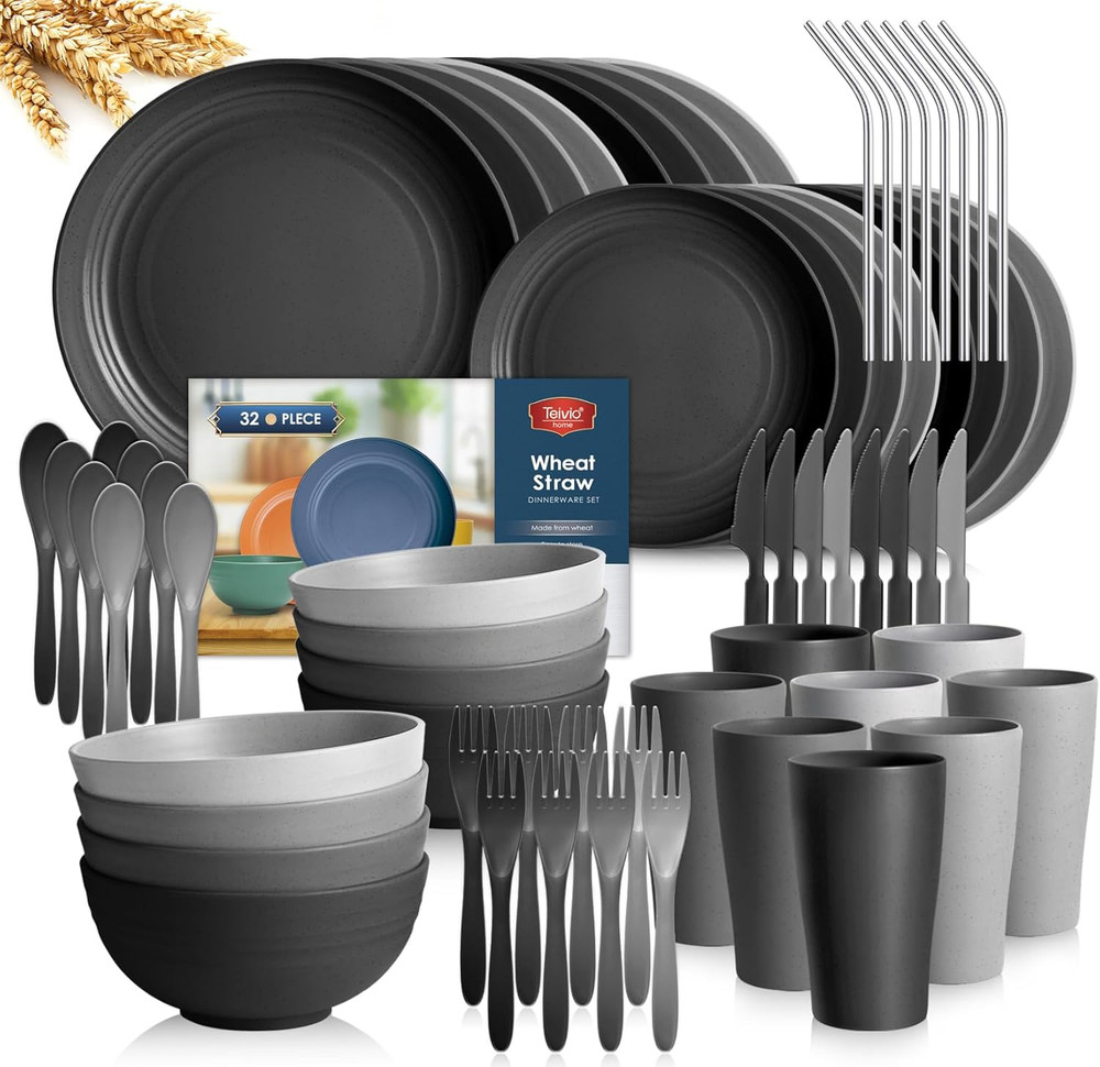 Teivio 32-Piece With Flatware Kitchen Plastic Wheat Straw Dinnerware Set, Servic