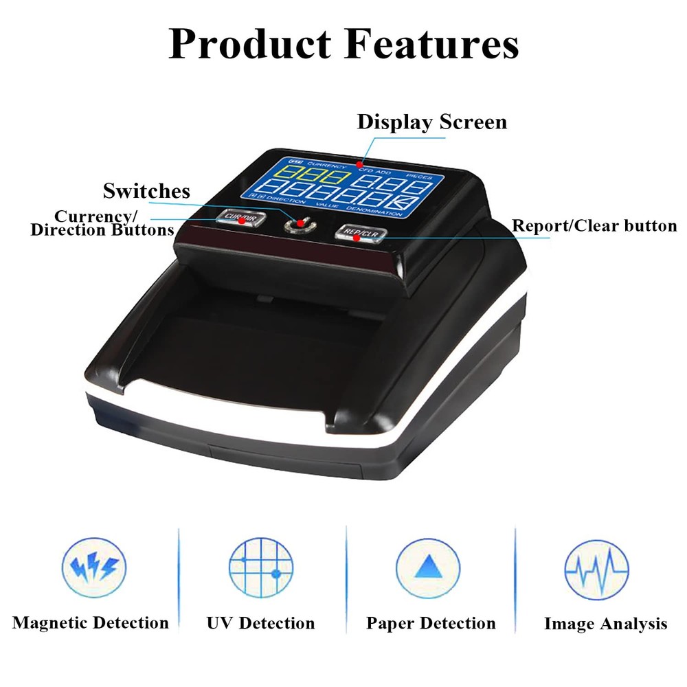 Portable Counterfeit Bill Detector Machine, Automatic 4-Way Direction USD & E...