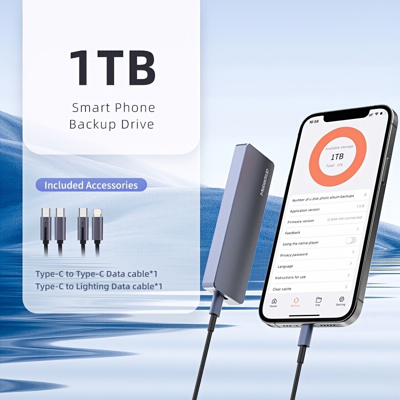 📱1TB Portable Hard Drive for iPhone & Android Plug & Play Smart Backup Storage