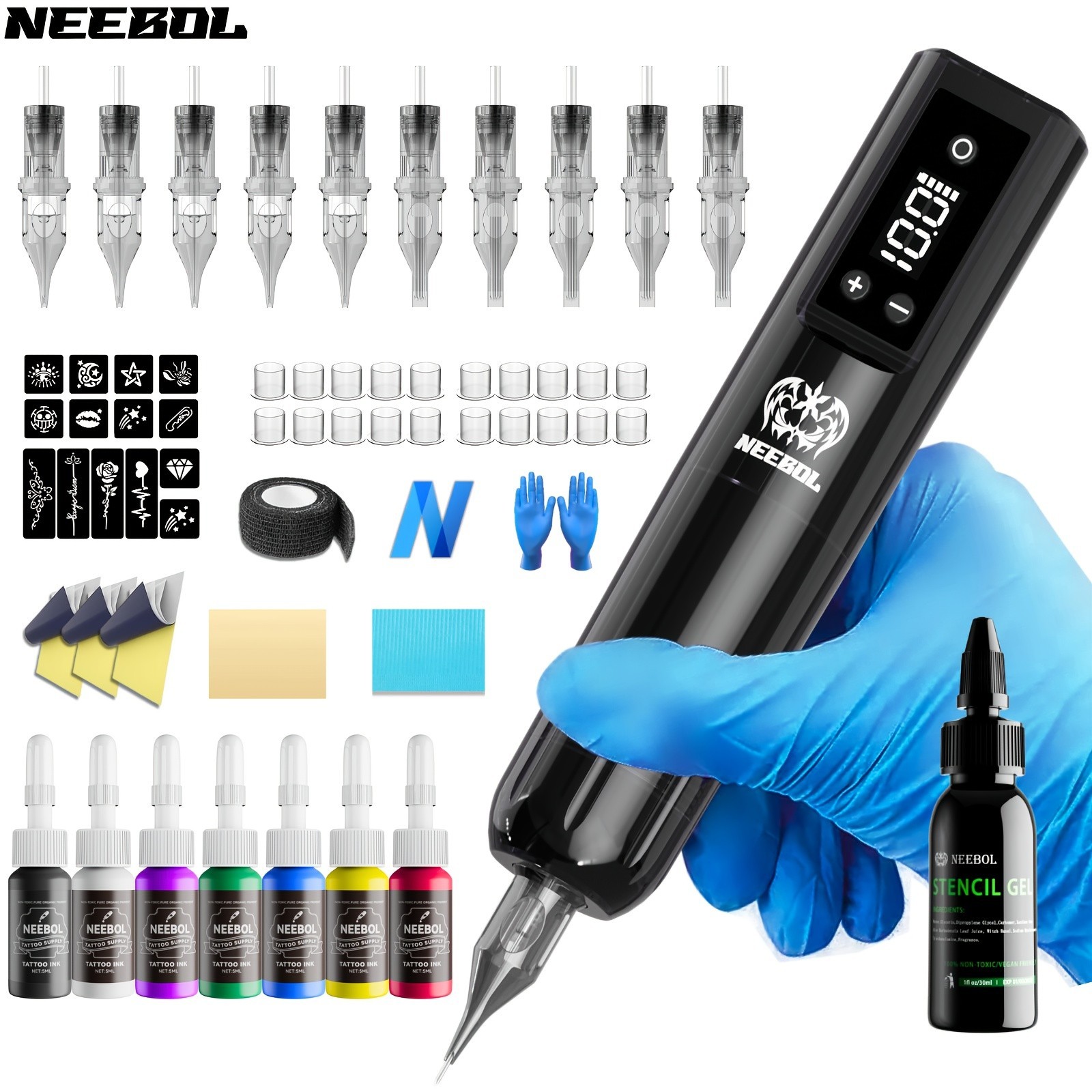 Complete Wireless Tattoo Kit Neebol Rotary Pen Set with Needle Ink Beginner Gift