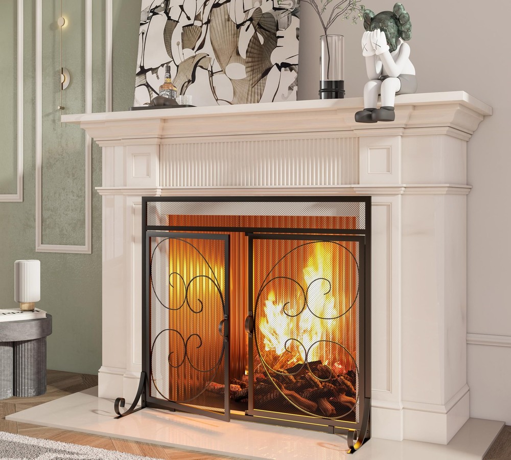 Flat Fireplace Screen with Hinged Doors Handcrafted Wrought Iron Classical Sc...