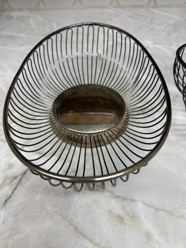 2 Vtg Silver Round Wire Bread Fruit Basket Flower Shape Retro MCM