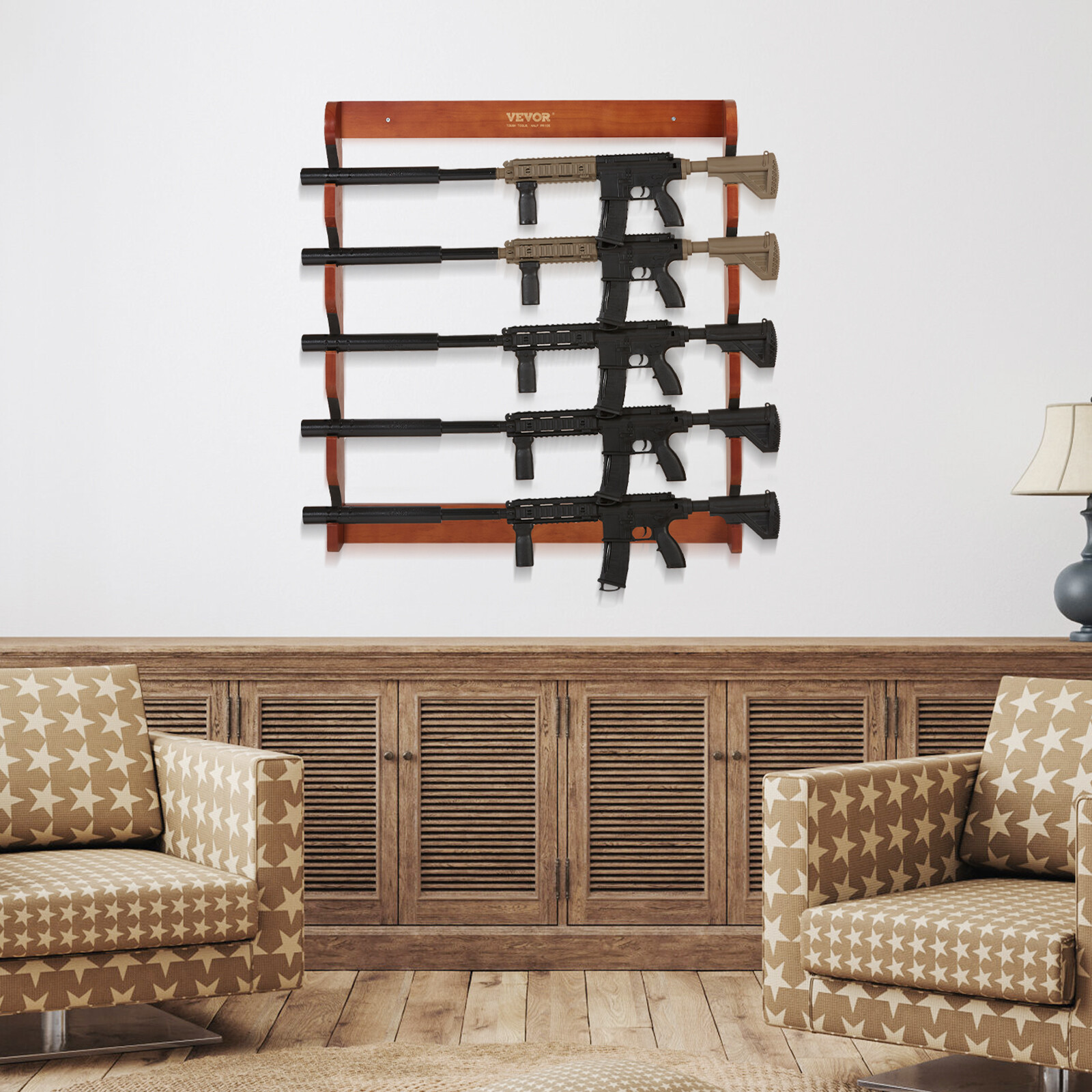VEVOE Gun Rack 5-Slot Wood Gun Rack Wall Mount Gun Display Rack holds 5 Rifles