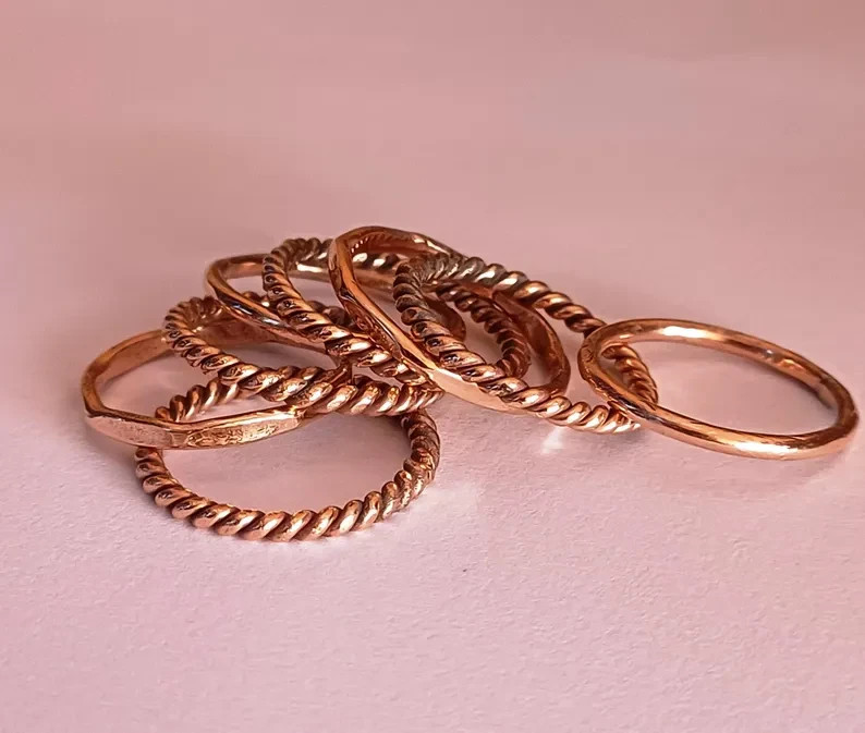 Handmade Solid Copper Ring Set: Stackable Textured Boho Rings