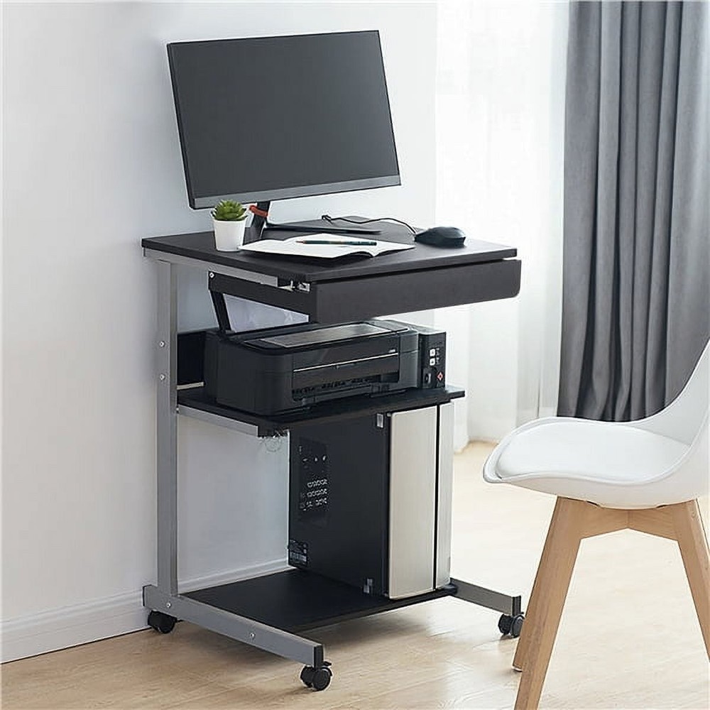 Rolling Computer Desk W 2 Storage Shelves & Drawer Black Mobile Workstation
