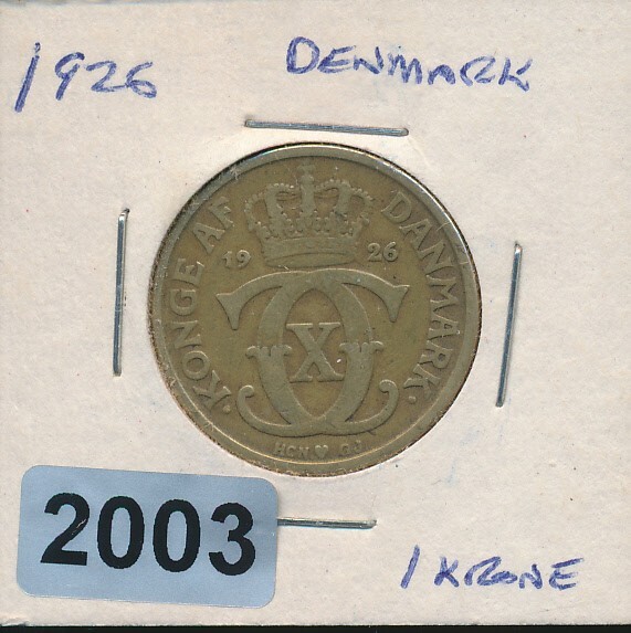 DENMARK -  1 KRONE 1926 - BRASS - #2003