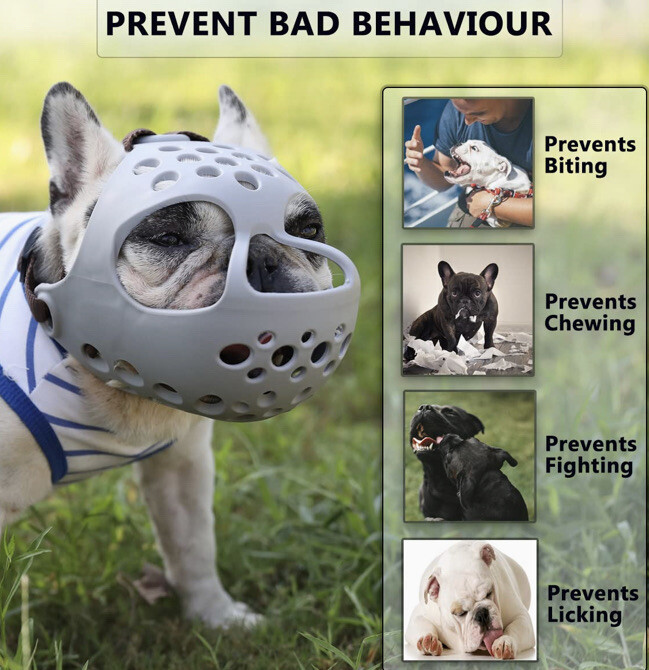 BARKLESS Dog Muzzle for Short Snout Dogs, Soft Silicone Muzzle for Biting, for