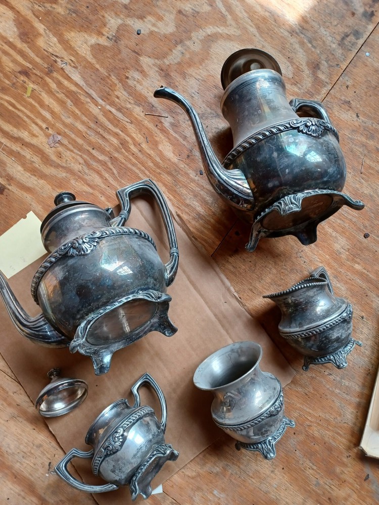 Silver On Copper Tea Set Hallmark At Bottom 5 Pieces