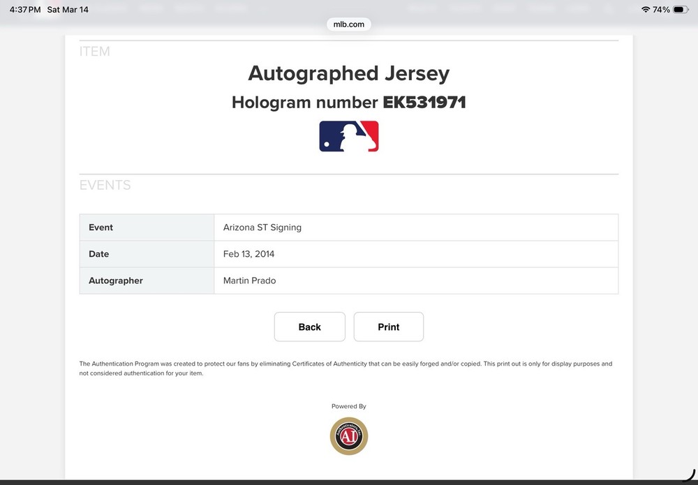 Martin Prado Arizona Diamondbacks Signed Jersey MLB Authentication