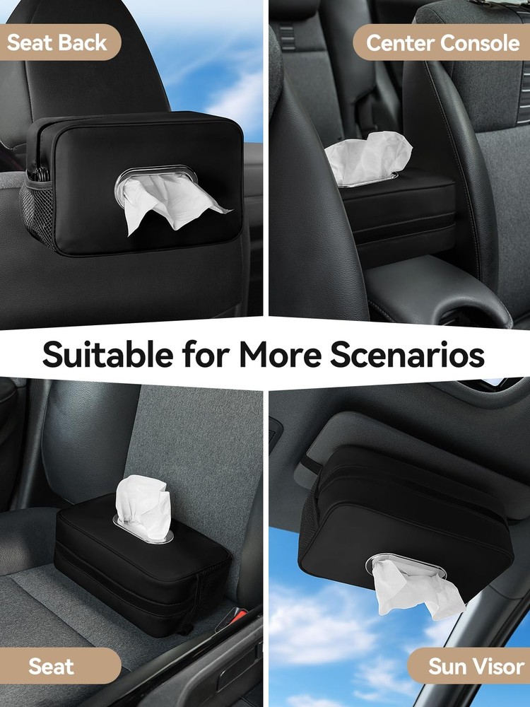 Multi-Functional Car Tissue Holder with Tuck Nets, PU Leather Organizer, Black