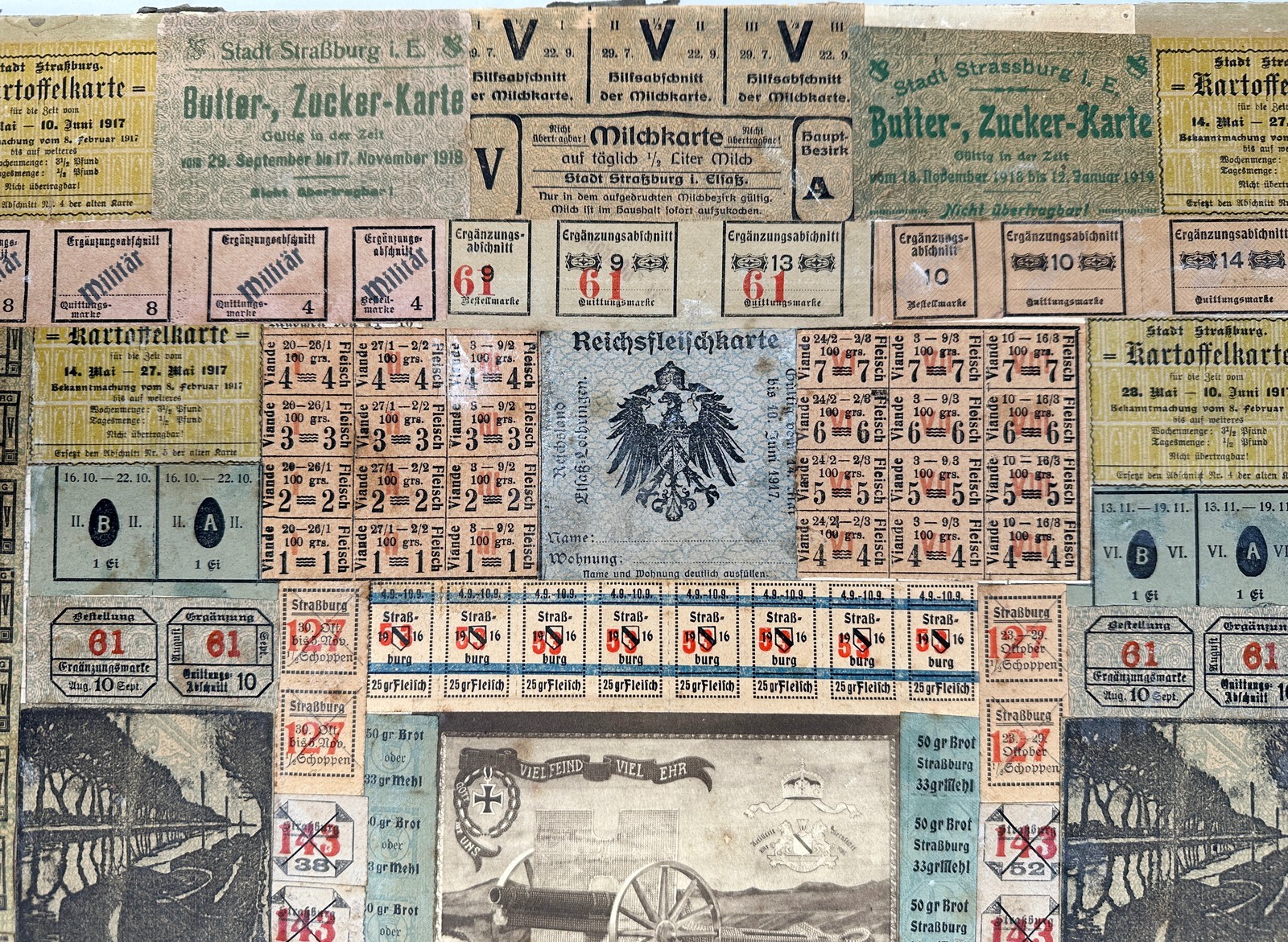 WWI Framed Ration Coupon Collage Folk Art Strasbourg Alsace Germany Trench 1917