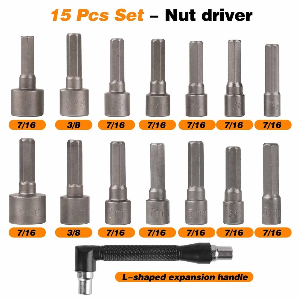 15pcs nut driver set,Hex 5/16 Drill Bit Nut Driver 7/16 driver, Silvery