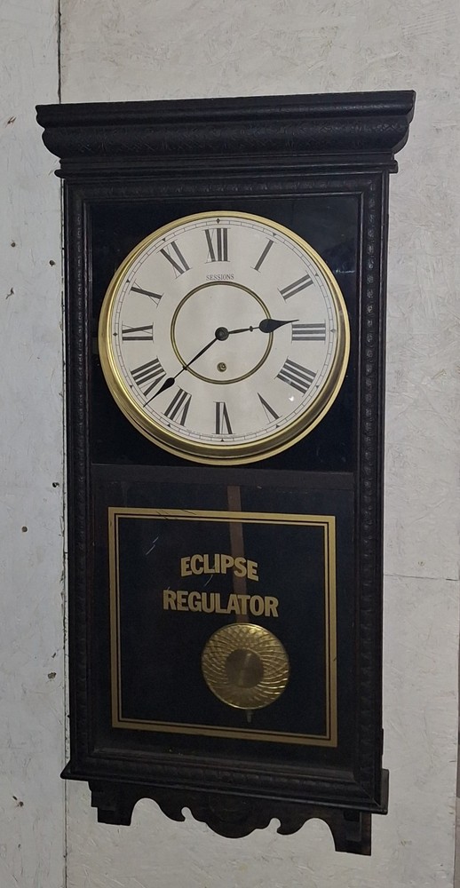 ANTIQUE SESSIONS SHOP REGULATOR "ECLIPSE" WALL CLOCK PENDULUM & KEY WORKING
