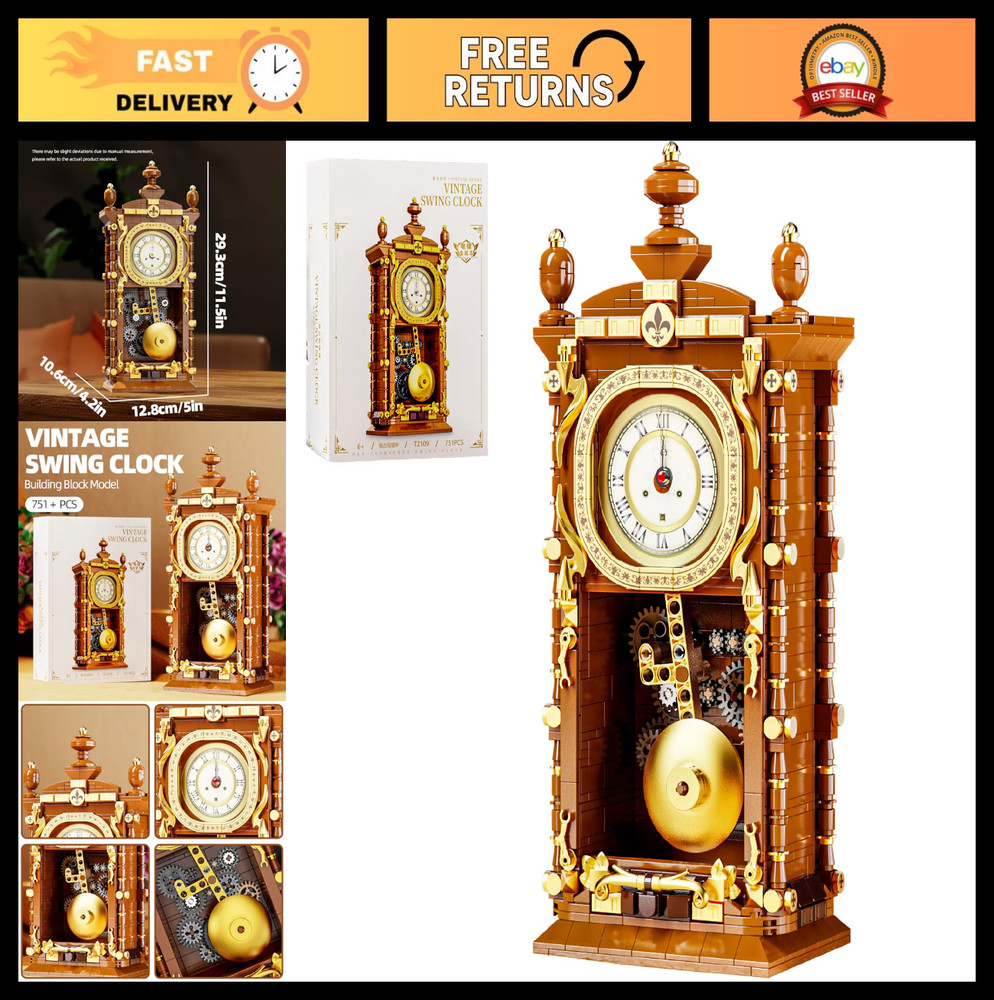 Retro Pendulum Clock Building Block Set - Real Clock Function, Mechanical Pendul