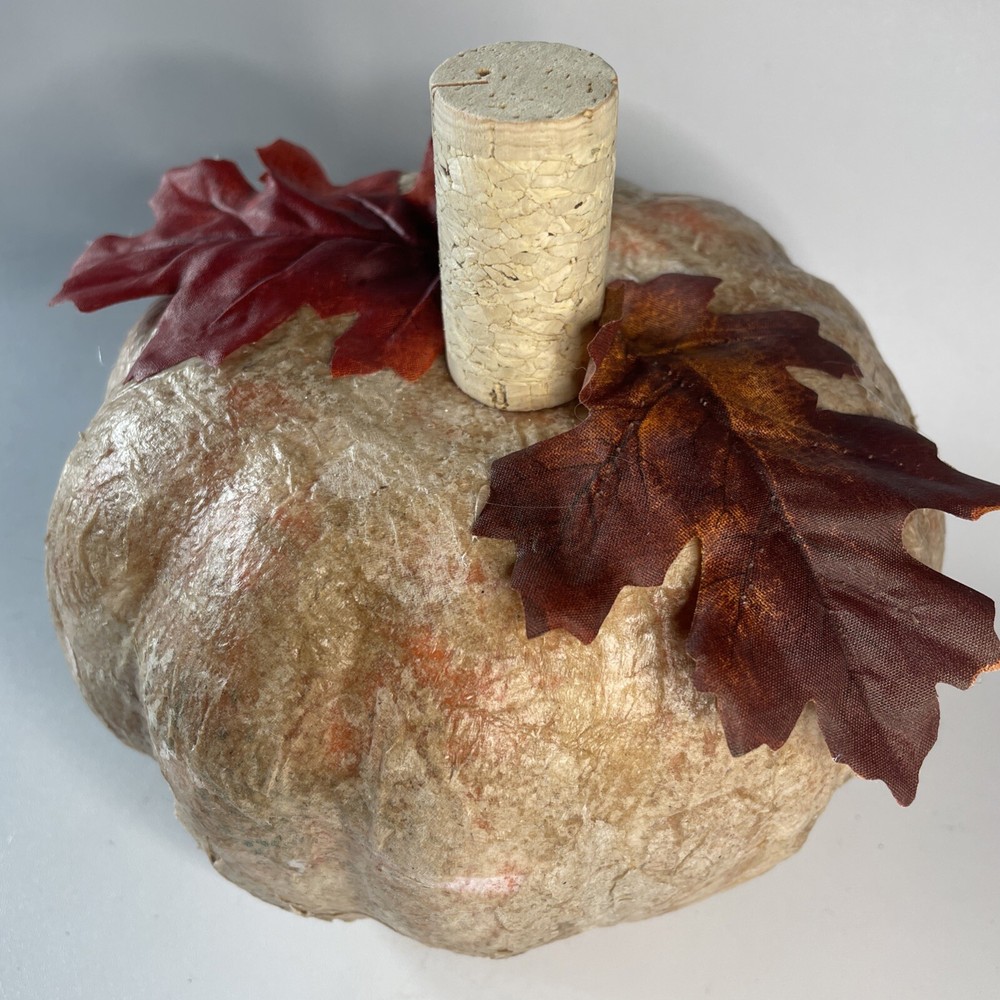 Faux Pumpkin Custom Decoupaged Finish Applied Cork Stem Fall Decor