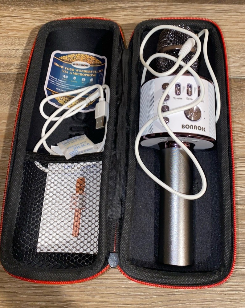 Bonaok Wireless Bluetooth Karaoke Microphone Black and White with Case