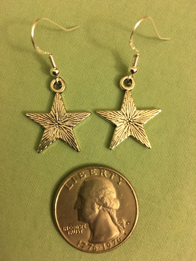 SOLID STAR with RAYS EARRINGS - Pewter with Sterling Silver Ear Wires