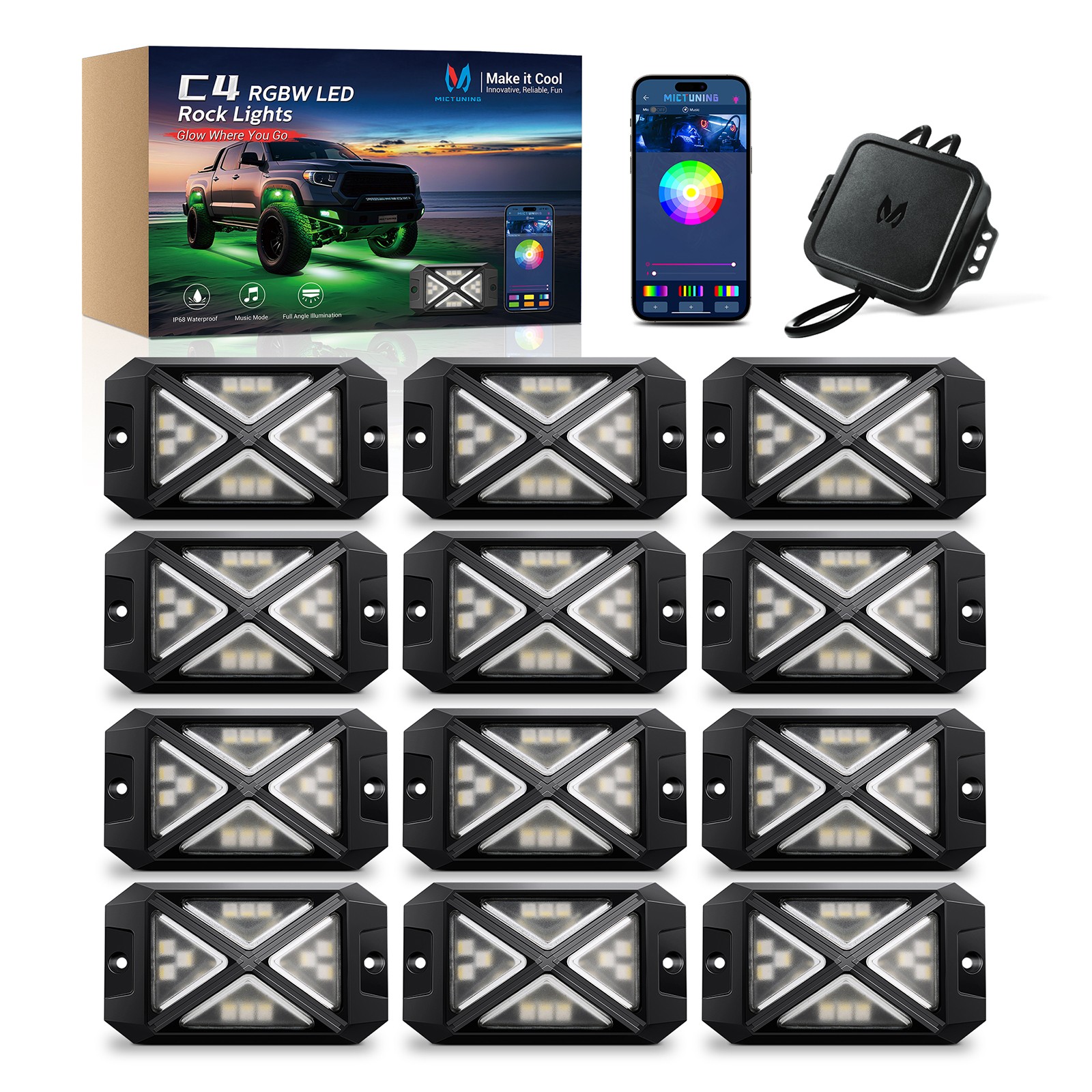 MICTUNING C4 RGBW LED Rock Light,12-Pods Car Underglow Neon Accent Light LED Kit