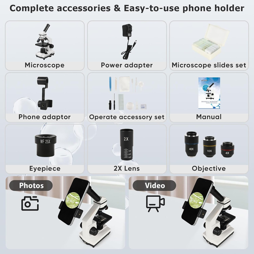 Compound Microscope for Kids 8-12 100X-2000X Microscope Kit Slides Covers Lab