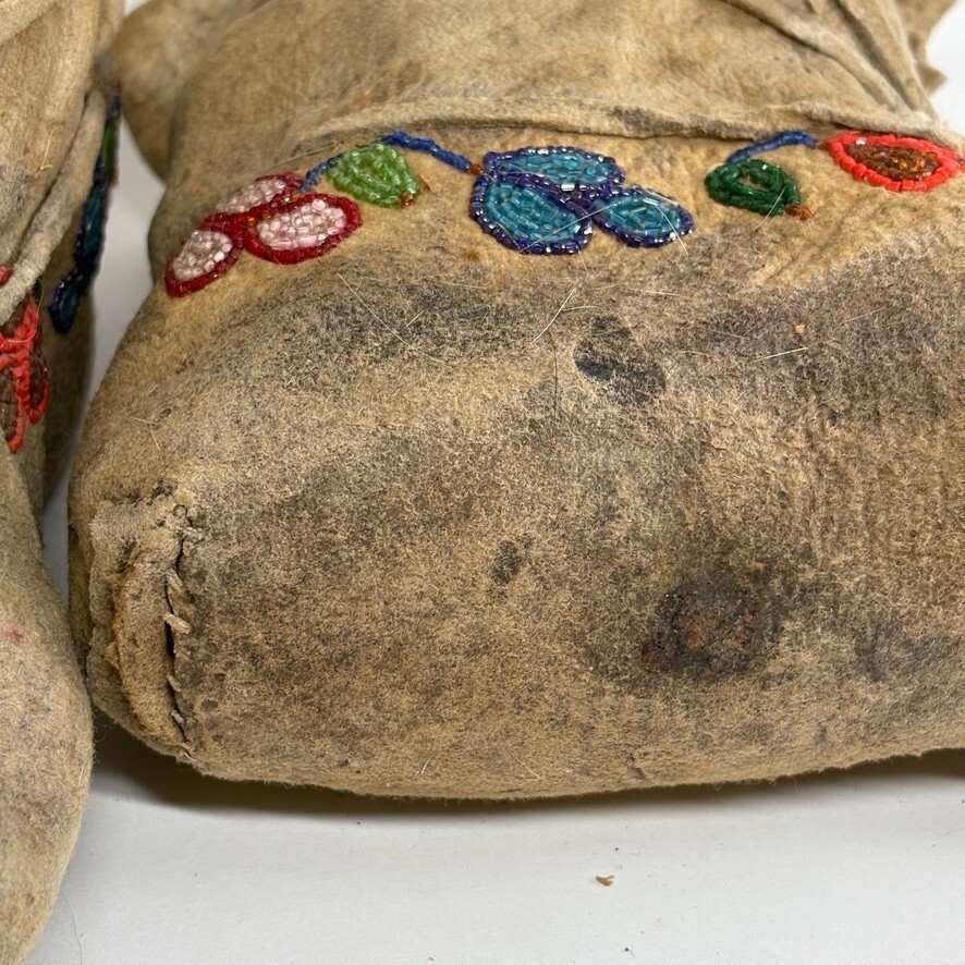 1920s Cree Native American Moccasins High-Top Beaded Pucker Toe Soft-Soled