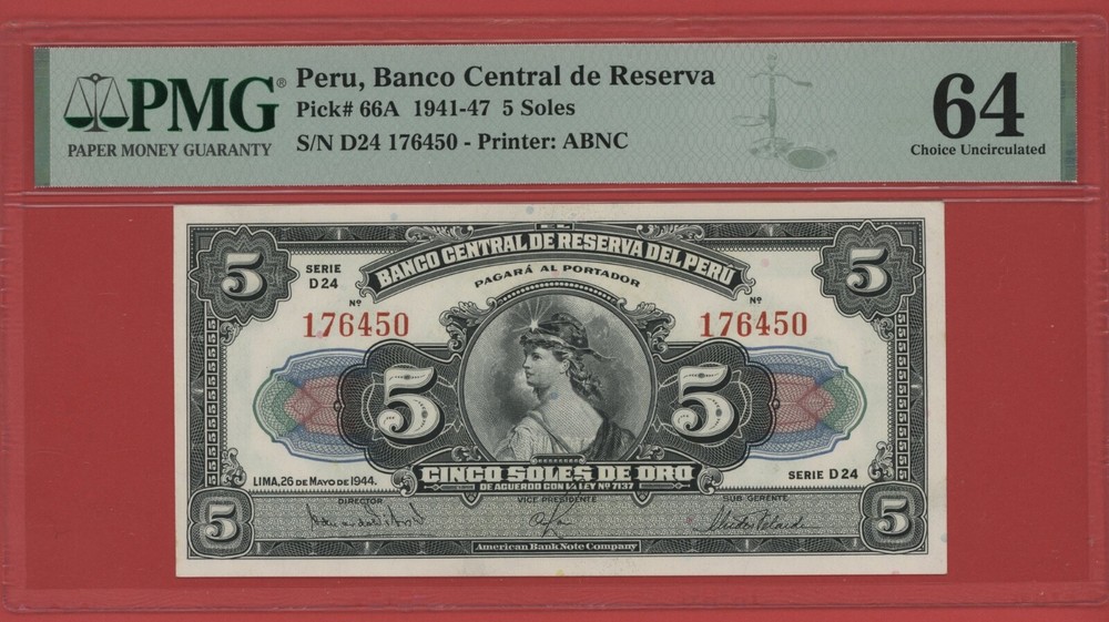 PERU  5  SOLES  1944  PICK # 66A PMG 64 CHOICE UNCIRCULATED.