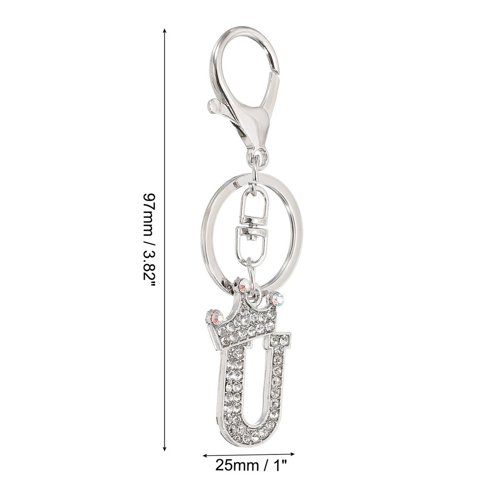 Initial Letter Keychain, Letter U Crown Design Charm, Silver Tone