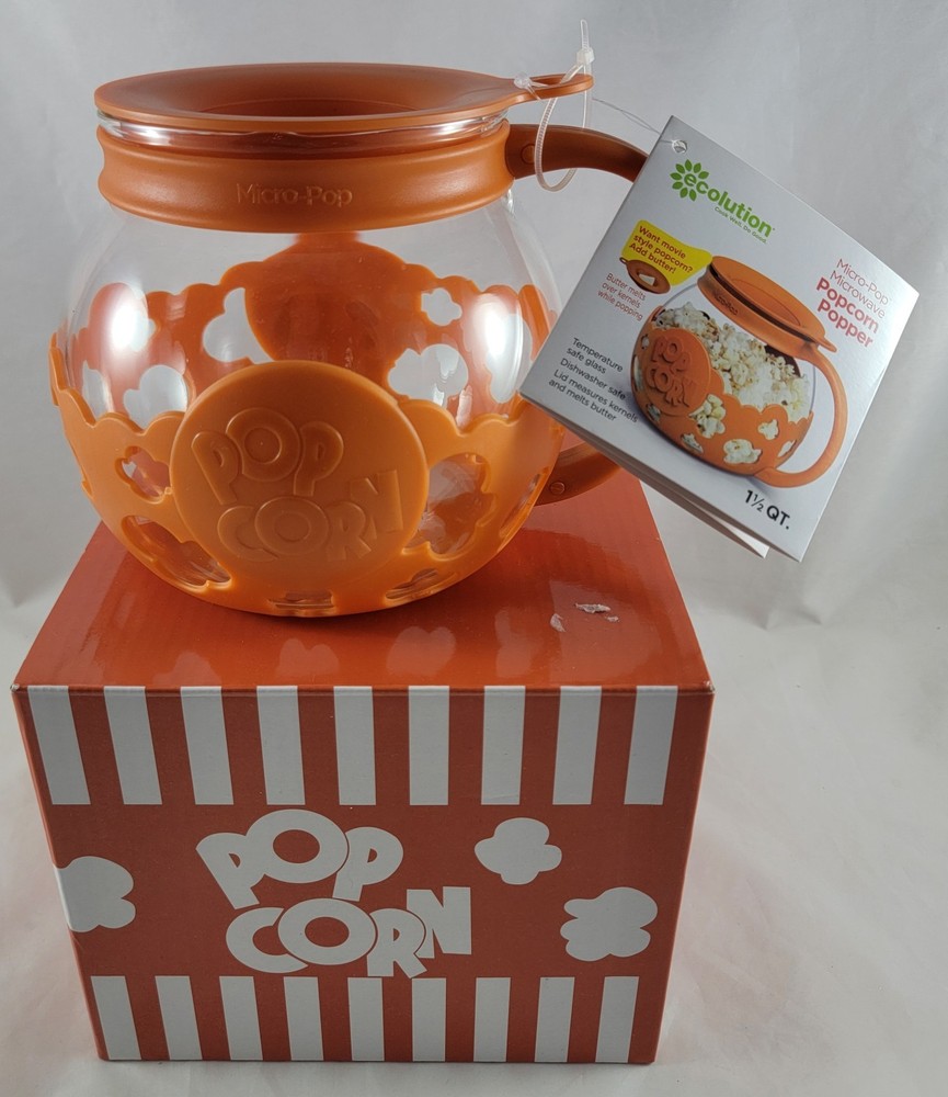 NEW Orange Ecolution Micro-Pop Microwave Popcorn Popper Temperature Safe Glass