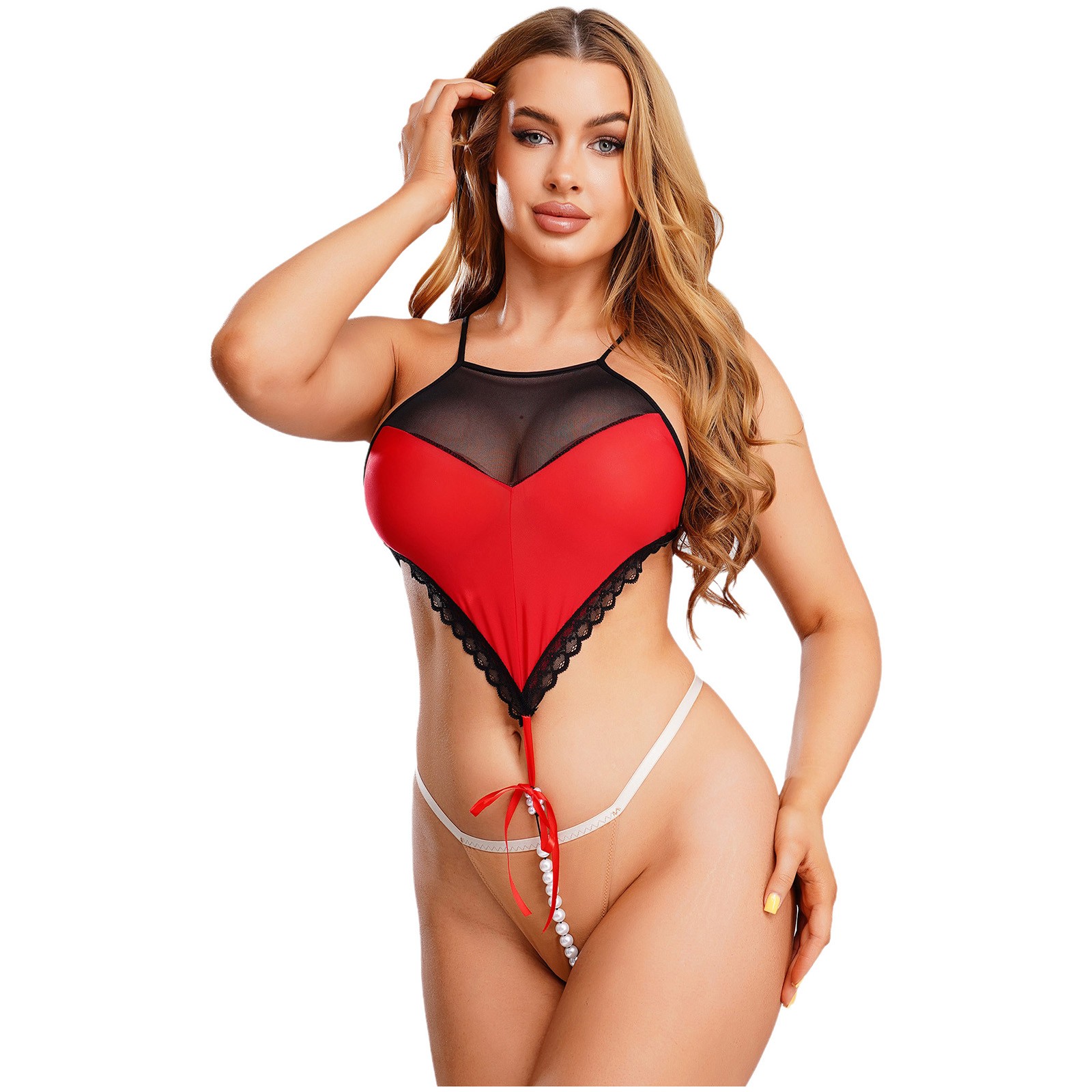 Womens See Through Lingerie Bodysuit Underwear Nightwear with Pearls Babydoll