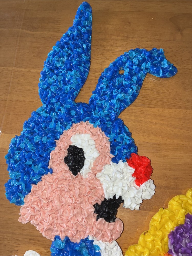 Vintage Melted Plastic Popcorn Decor Blue Easter Bunny With Basket Eggs Spring
