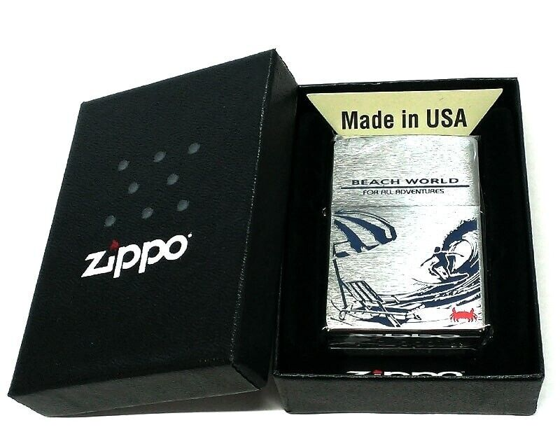 Zippo Beach World Surfing Silver Satin One Side Processing Etching Lighter Japan