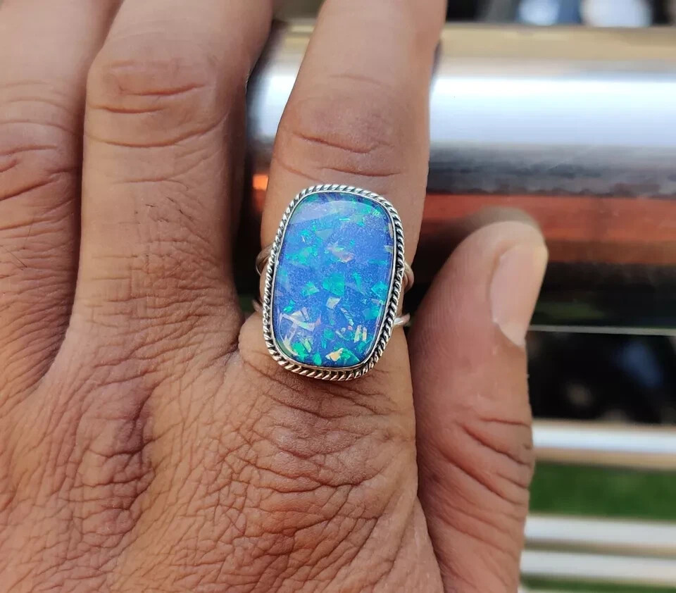 Australian Opal Gemstone Solid 925 Sterling Silver Designer Ring All Size MK*