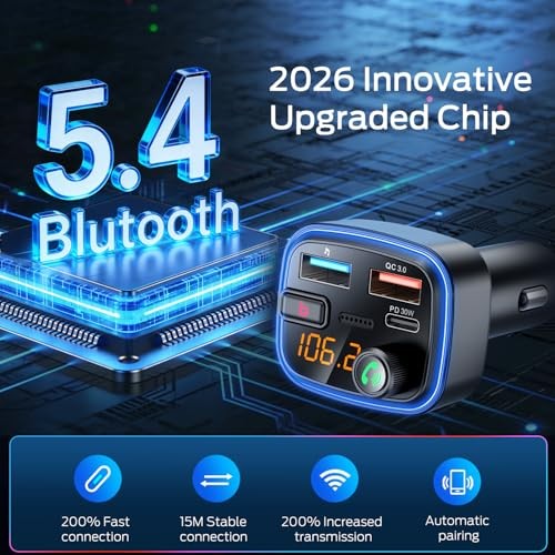 tooth 5.4 Car Adapter, Wireless FM Transmitter with Deep Bass Player, 48W Blue