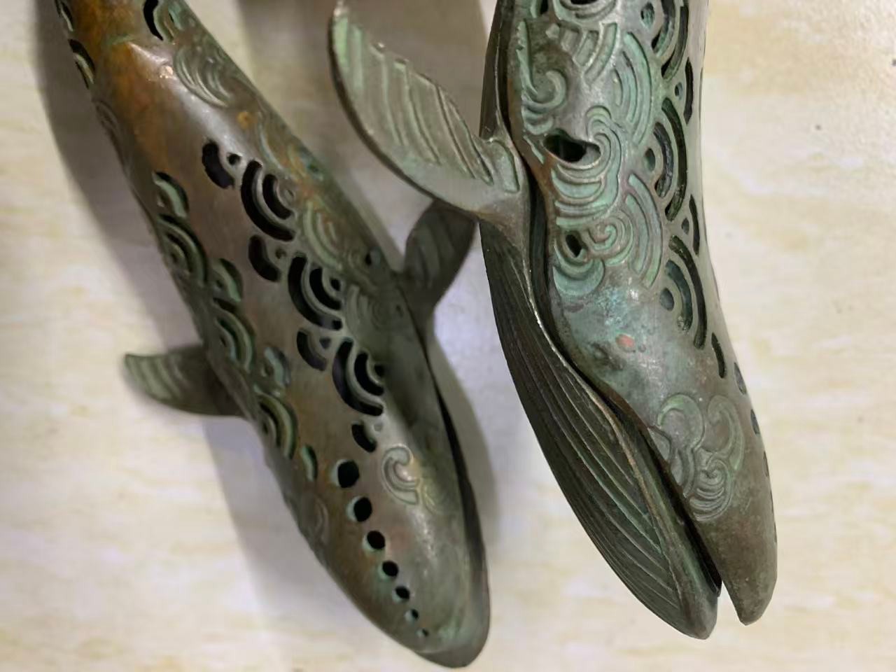 2Pcs 6.5 Inches Chinese Bronze Hand Made *Fish* Incense Burners